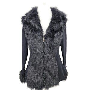 NWOT Beulah Style Faux Fur Jacket Womens L Black Fitted Zip Front